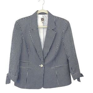 Anne Klein Womens Gingham Single Breasted Tie Cuffs Blazer Navy‎ White Large